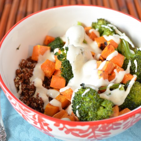 Roasted Veggie Quinoa Bowl with Miso Tahini Sauce