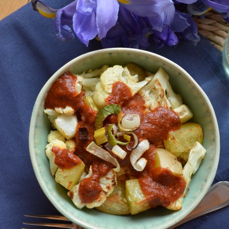 Roasted Veggie Lentil Bowl with Charred Red Pepper Sauce