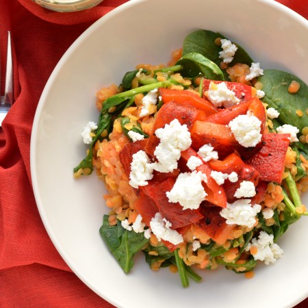 Warm Lentil Salad with Roasted Red Peppers and Spinach