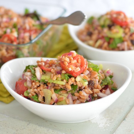 Farro Salad with Roasted Cherry Tomatoes, Raisins & Celery