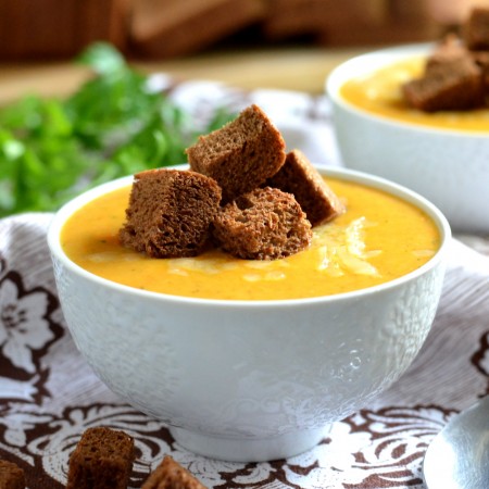 Potato-Cheese Soup with Pumpernickel Croutons