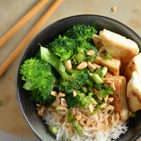 Crispy Tofu Rice Bowls with the Best Thai Peanut Sauce